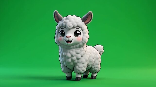 Adorable Fluffy Baby Llama Standing on Vibrant Green Background, Cute Cartoon Animal Character, Children's Book Illustration, Commercial Vector Art
