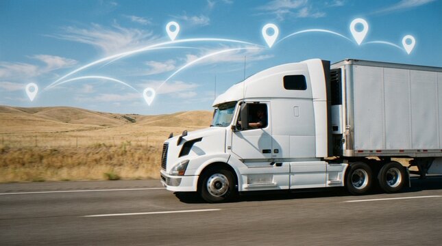 A white semi-truck driving on a highway through a rural landscape, overlaid with digital location pins and connected paths representing logistics and global supply chain tracking.