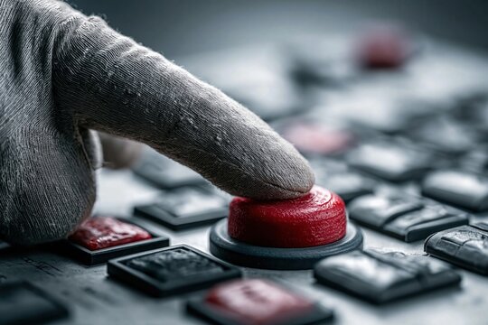Close-up of a hand in a glove pressing a large red button on a control panel, symbolizing a critical decision or activation.
