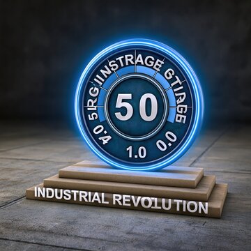Illuminated 50th Anniversary Industrial Revolution Gauge with Digital Display and Neon Glow on Pedestal