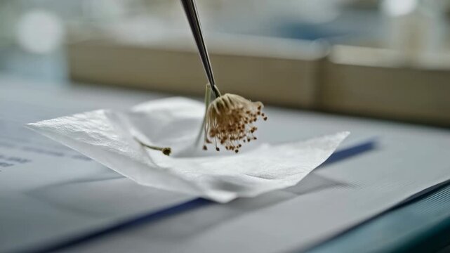 Tweezers lift dried flower above folded white tissue on smooth tabletop in soft macro closeup with shallow focus, sterile laboratory mood, cool light, delicate texture, precise handling