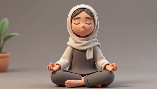 Adorable 3D Middle Eastern Muslim Woman Meditating in Lotus Pose