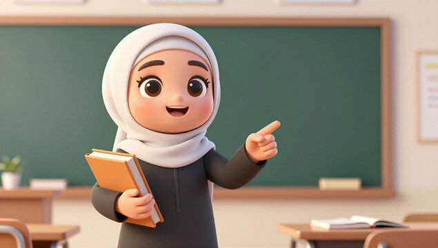 Cute Stylized 3D Muslim  Teacher Teaching in Classroom with Books