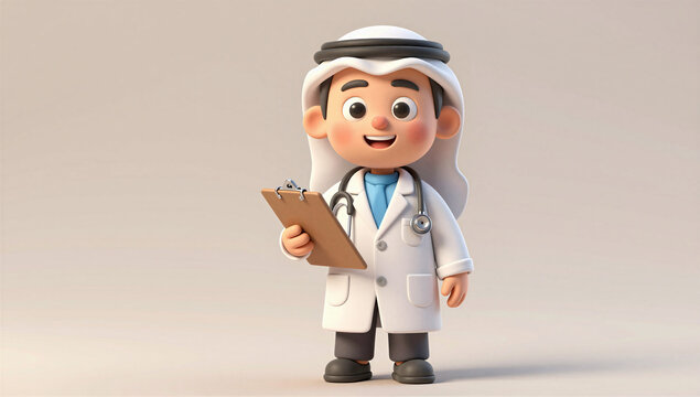 Adorable 3D Middle Eastern Male Doctor Character in White Coat Holding Clipboard