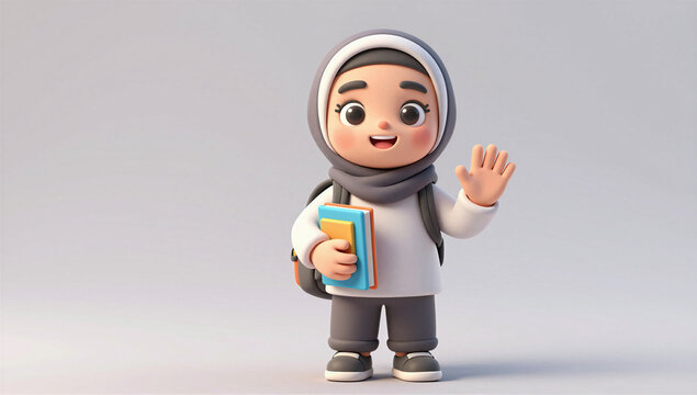 Cute Stylized 3D Muslim Schoolgirl Wearing Hijab with Backpack and Books