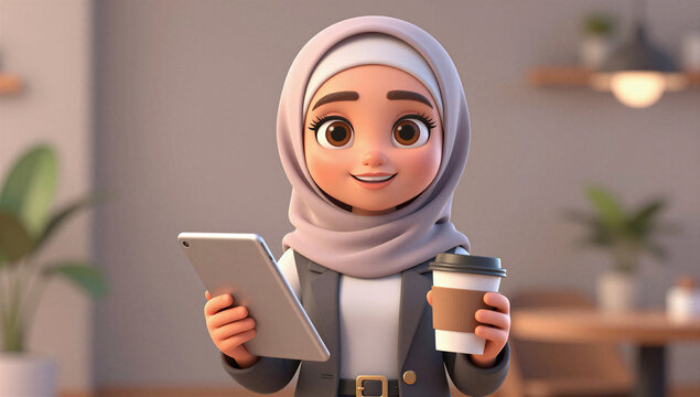 Cute Stylized 3D Muslim Arab Businesswoman Holding Tablet and Coffee Cup