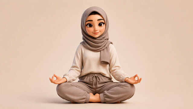 Cute Stylized 3D Arab Muslim Woman Practicing Lotus Pose Meditation with Hijab