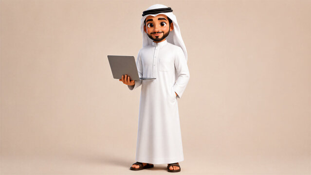Cute Stylized 3D Arab Man Using Laptop in Traditional Thobe and Ghutra