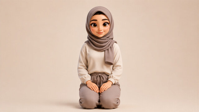 Cute Stylized 3D Arab Muslim Woman Wearing Hijab Sitting in Seiza Pose Isolated on Beige Background