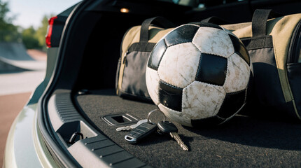 Soccer ball and car keys sit in an open car trunk next to duffel bags ready for practice or game day. Outdoor sports equipment for youth athletes prepared for travel.