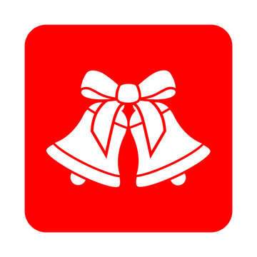 Tiempo de Navidad. Logo campana de boda. Icono con campanas de navidad con lazo de cinta en cuadrado rojo para felicitaciones y tarjetas. Archivo PNG con transparencia