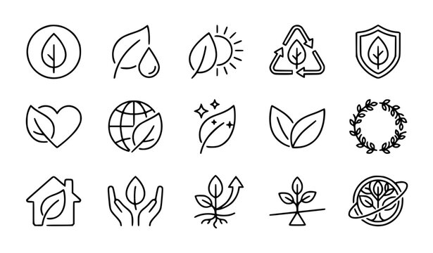 Eco leaf nature sustainability and environmental editable outline vector icon collection