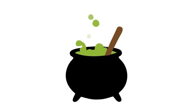 Witch cauldron with boiling green magic potion and wooden spoon animation, isolated on white background.