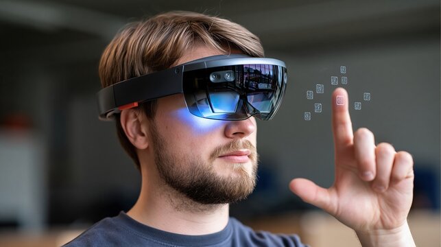 Man wearing augmented reality headset interacting with digital interface in a modern setting