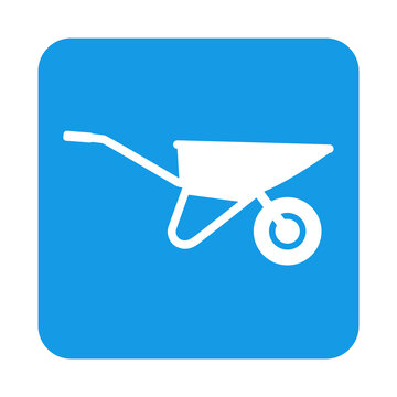 Icono con dibujo sencillo de la silueta de una carretilla de mano en un cuadrado de color azul. Archivo PNG con transparencia