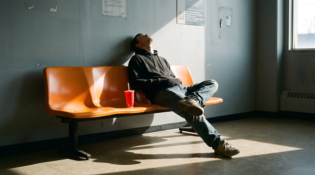 Tired man resting on an orange bench in a waiting room with a drink cup