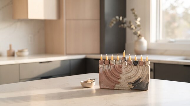 Wooden menorah with lit candles on kitchen counter