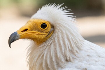 Obraz premium White Egyptian vulture with yellow face and bill displays feather detail. Bird of prey has sharp eyes and distinctive head plumage. Scavenger animal in close up wildlife portrait.