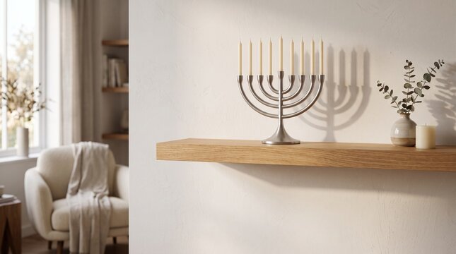 Modern menorah on wooden shelf with plants