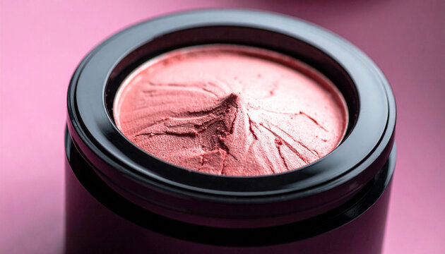 Macro close up of pink cream blush in round black jar container, featuring rich texture and shimmer, perfect for cosmetics product shot, makeup advertisement, beauty blog and skin care design project.