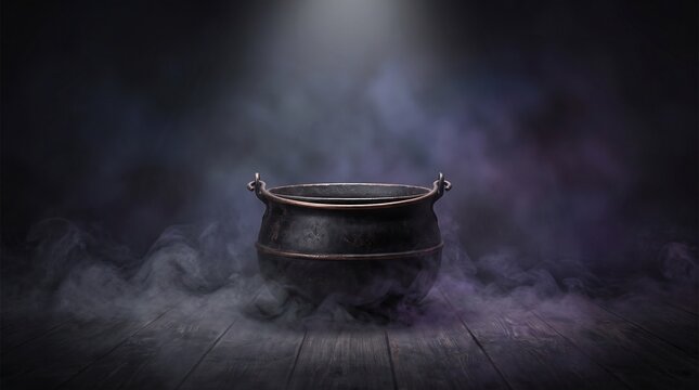 Steaming cauldron on dark wooden surface