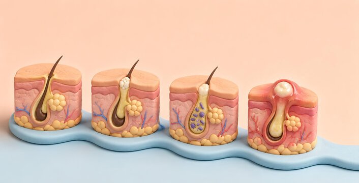 3D Clay Model Showing 4 Stages of Acne Formation from Clogged Pore to Inflammation