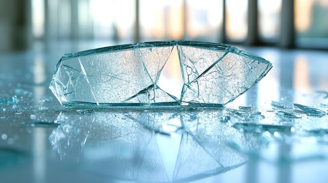 Shattered glass fragments on a light surface