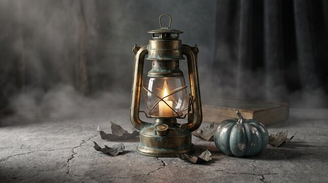 Old-fashioned lantern on rustic surface