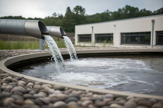 Fresh water flowing from metal pipes into a round pool