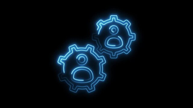 Blue neon style gears with people icon on dark backdrop moving teamwork