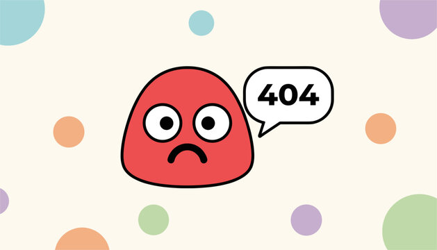 Creative cartoon 404 error page design featuring a sad red circular monster on a colorful polka dot background.