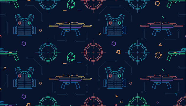 Futuristic sci-fi warfare seamless pattern with neon rifles, tactical vests, targets, and geometric elements.
