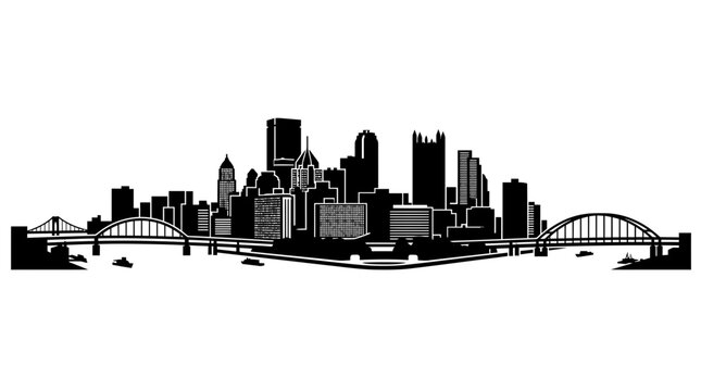 Ultra-wide black and white silhouette vector illustration of the Pittsburgh Pennsylvania city skyline featuring iconic skyscrapers and river bridges on a solid white background.
