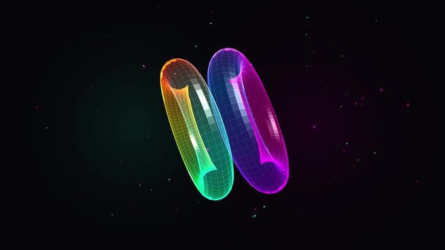 Abstract rainbow torus shape rotating and splitting into two separate rings on dark space background with floating particles.