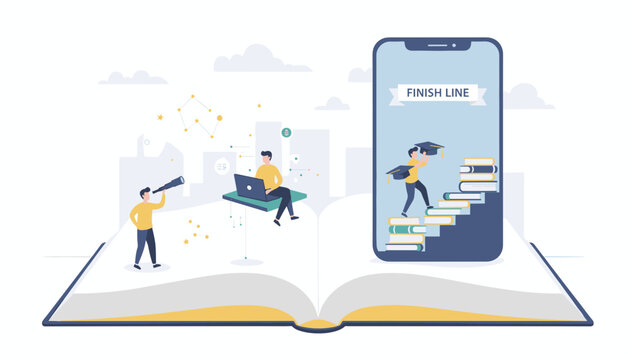 Online education and study success concept with tiny students learning on a giant open book and smartphone screen.