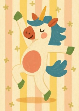 Joyful unicorn dancing happily.
