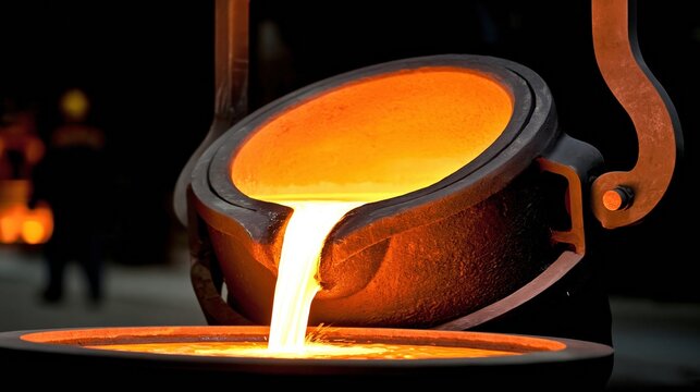 Molten metal being poured from a crucible into a mold at a foundry