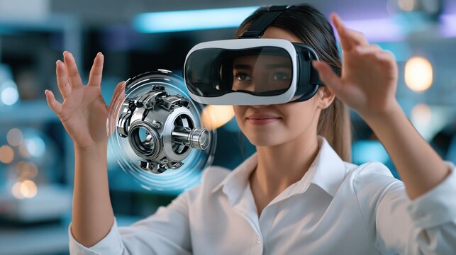 Woman wearing virtual reality headset interacting with a holographic 3D model of a mechanical component