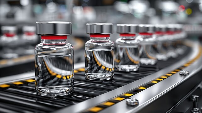 dynamic perspective of pharmaceutical vials moving along an automated conveyor in a modern laboratory, emphasizing precision, technology, and industrial efficiency