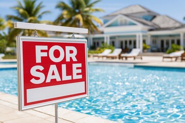 Fototapeta premium Luxury Tropical Villa with For Sale Sign by Sparkling Pool and Palm Trees