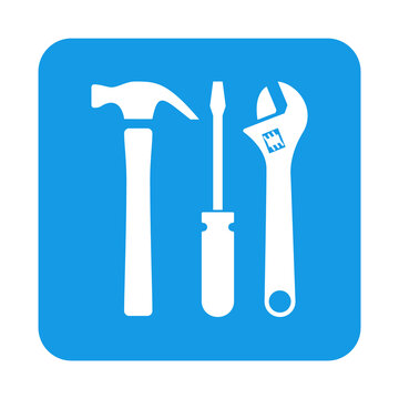 Logo servicio t&eacute;cnico. Icono con dibujo sencillo con la silueta de un martillo, un destornillador y una herramienta llave en un cuadrado azul. Archivo PNG con transparencia