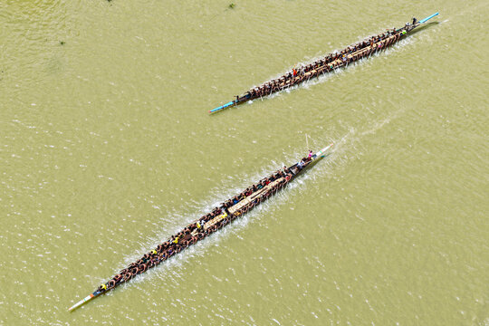 Aerial view of traditional long boats racing on the river with many rowers paddling in unison in Sirajganj, Rajshahi Division, Bangladesh.