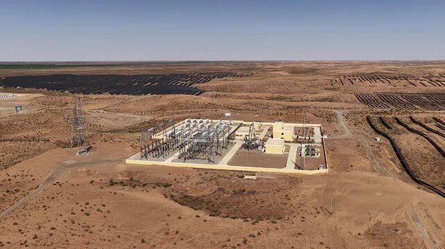 Aerial View of Utility-Scale Battery Energy Storage System and Substation in Arid Northwest China Desert