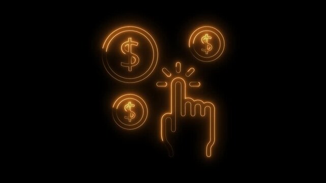 Neon click to earn animation with glowing dollar coins symbolizing online revenue generation