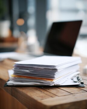 Stack of papers on clipboard on office desk with blurred laptop background