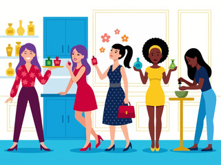 Obraz premium Diverse women testing and making custom fragrances in a modern cosmetic boutique. Vector illustration of a perfume shopping experience.