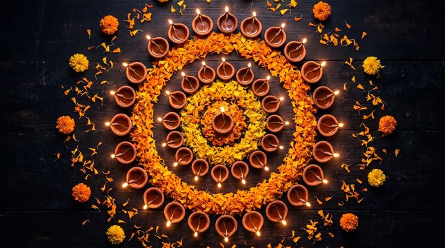 Diwali diya lamps arranged in a circular pattern with marigold flowers on a dark wooden background for the festival of lights
