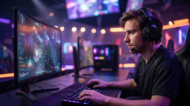 Young gamer playing on a computer in a modern esports room, representing competitive gaming, online entertainment, technology, digital competition