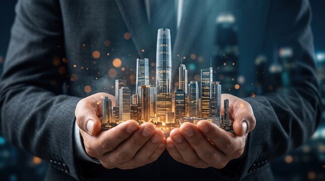 Businessman holding a miniature futuristic city in his hands, representing smart cities, urban development, real estate investment, infrastructure, innovation and future planning