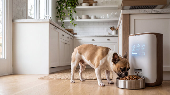 Smart pet feeder providing personalized nutrition for a dog at home